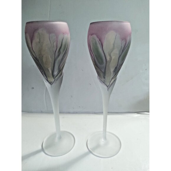 Set of Two Rueven Hand Blown Frosted Glass Tulip Stem Wine Glasses 8" x 2" - Picture 1 of 10